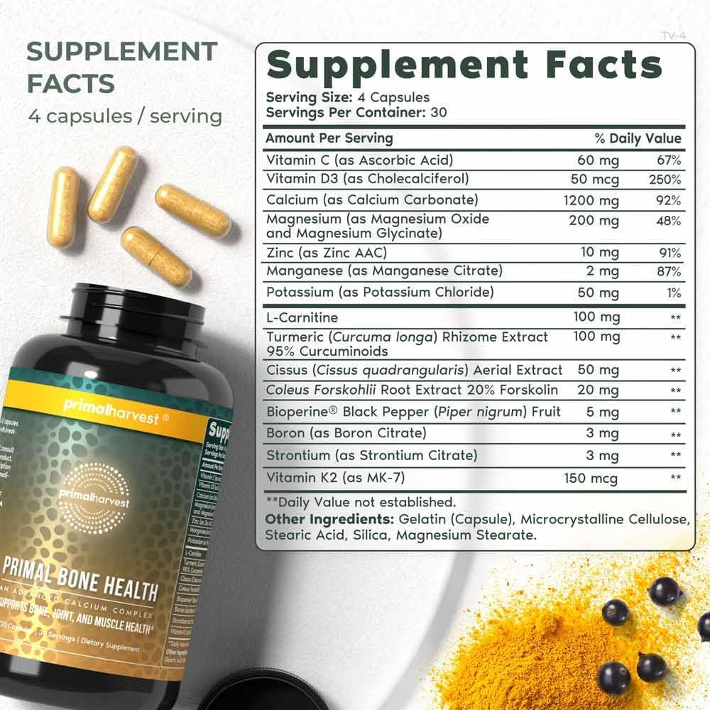Primal Harvest Bone Health Complex 2 Pack - Calcium, Magnesium, Zinc, Manganese, Potassium, & L-Carnitine Supplement for Men & Women (240 Capsules)