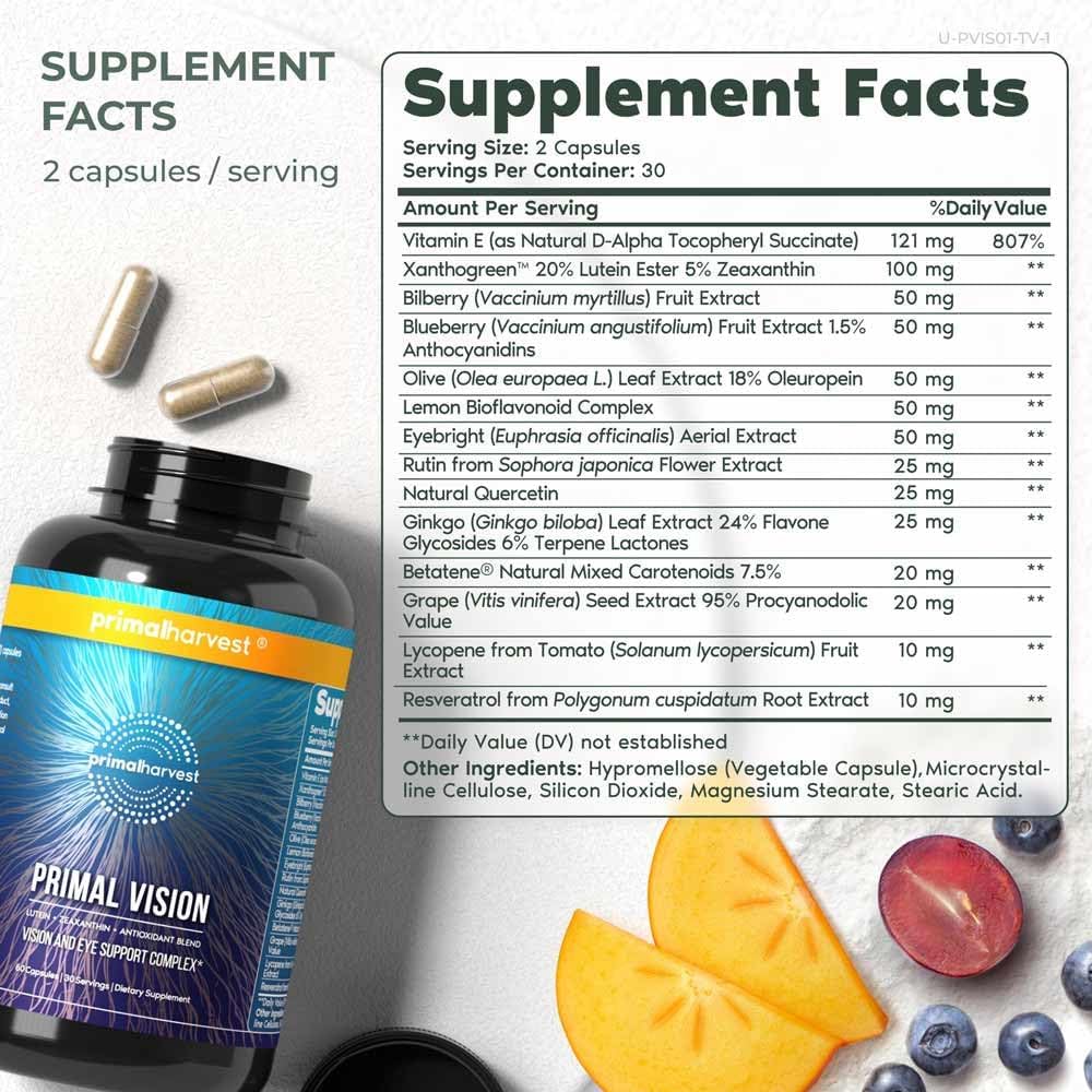 Primal Harvest Eye Health Complex with Lutein, Zeaxanthin, Vitamin E, Bilberry & Blueberry Extracts - 2 Pack for Men and Women