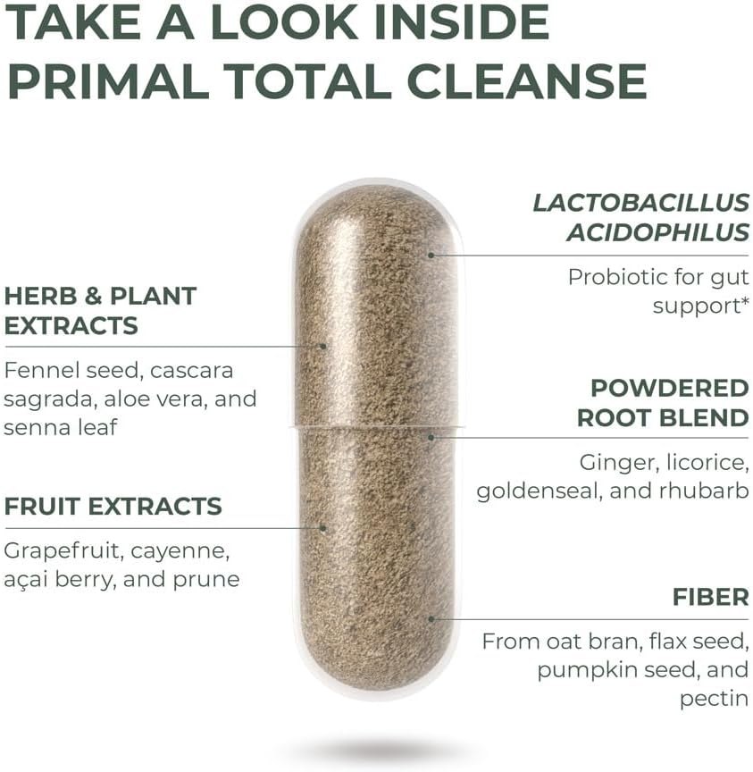 Primal Harvest Full Body Detox Cleanse Capsules - Liver, Kidney, Gut, Bowel, Intestinal, & Stomach Cleanse - 60 Count Bottle
