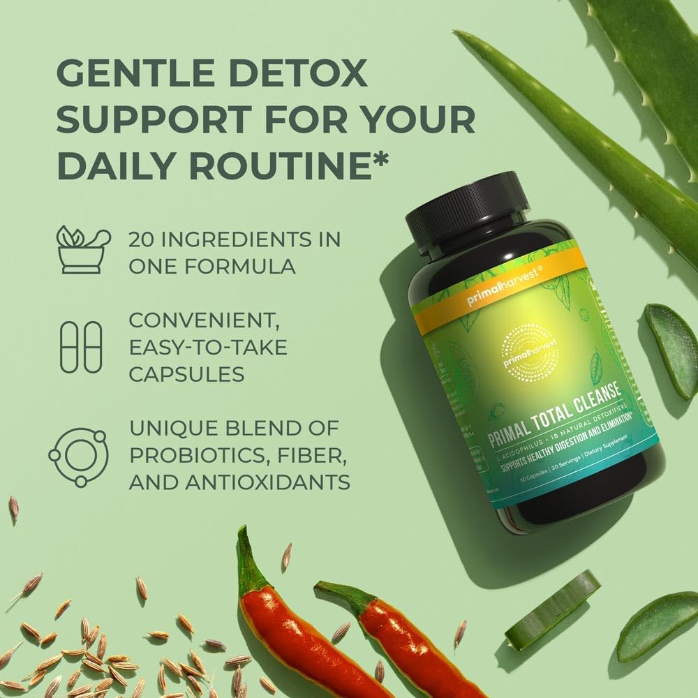 Primal Harvest Full Body Detox Cleanse Capsules - Liver, Kidney, Gut, Bowel, Intestinal, & Stomach Cleanse - 60 Count Bottle