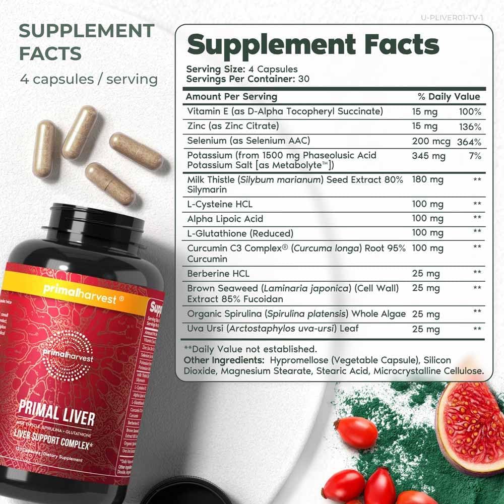 Primal Harvest Liver Supplement with Alpha-Lipoic Acid, Milk Thistle & Spirulina - 120 Capsules for Men and Women