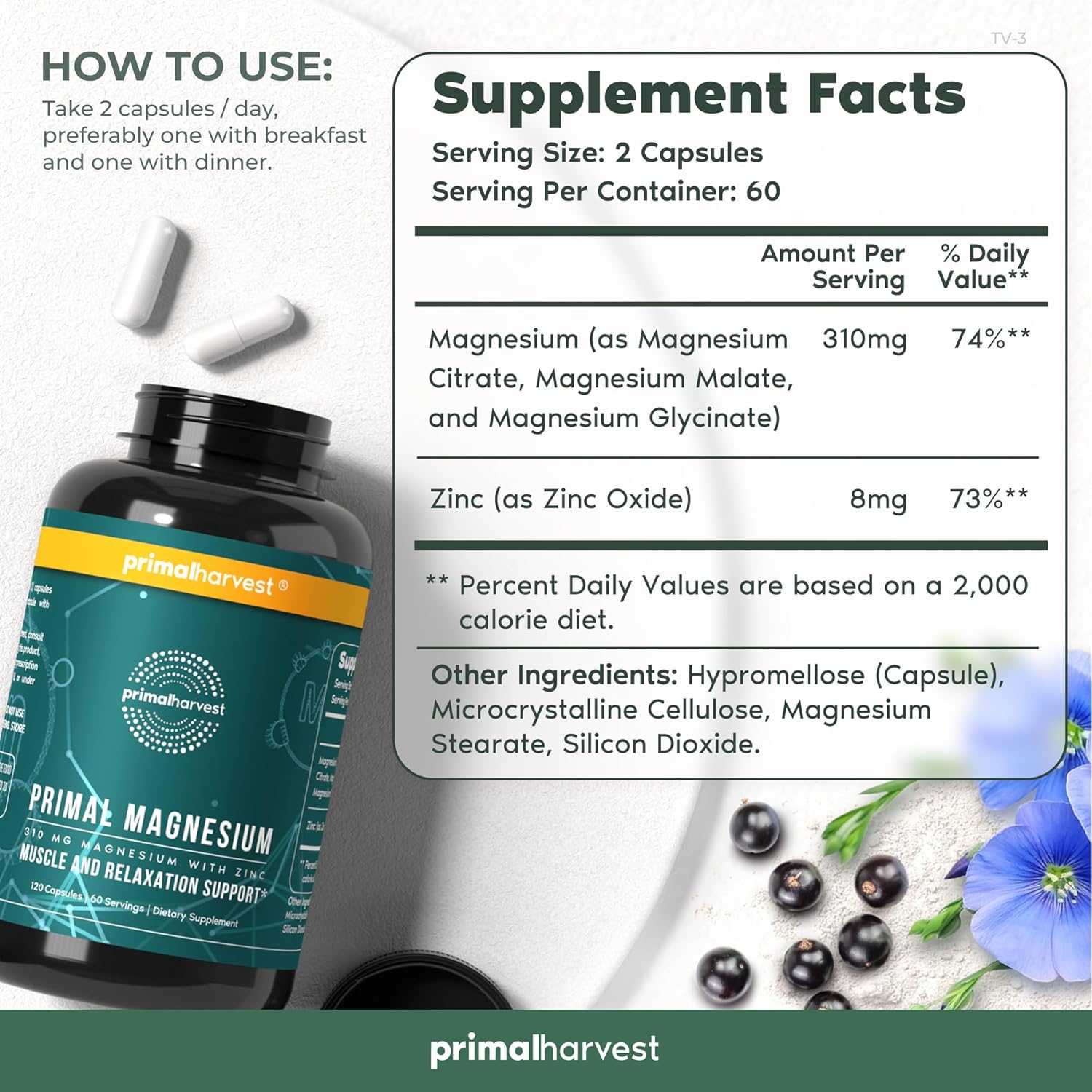 Primal Harvest Magnesium Complex Supplement with Zinc - 120 Capsules, 310mg - Glycinate, Citrate, Malate