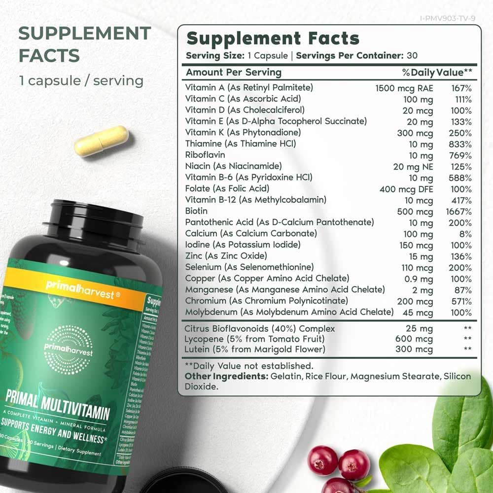 Primal Harvest Multivitamin 2-Pack for Women and Men - Includes Vitamins A, C, D, E, B12, B6, Biotin, Zinc - 30 Capsules