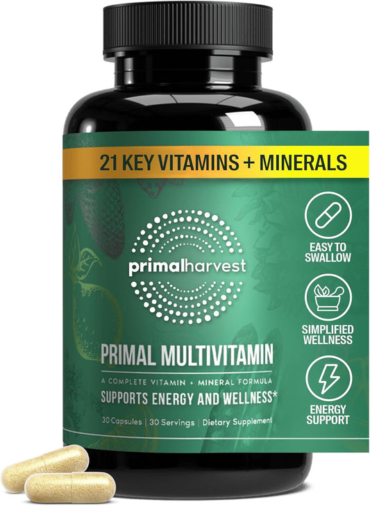 Primal Harvest Primal Multivitamin - Daily Supplement with 21 Essential Vitamins & Minerals for Women & Men - Vitamin A, C, D, E, B12, B6, Biotin, Folic Acid, Zinc, Copper, Selenium