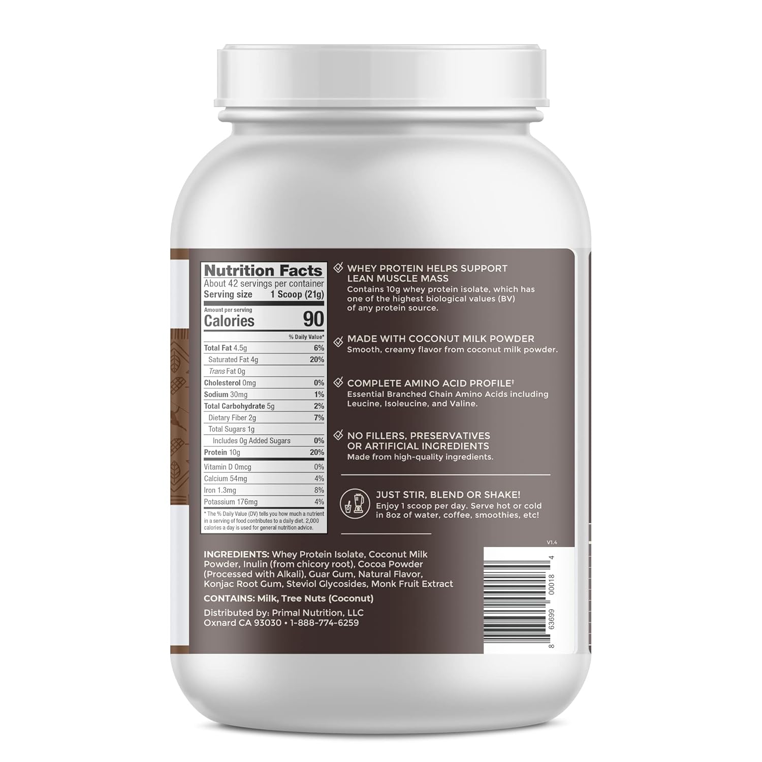 Primal Kitchen Chocolate Coconut Whey Protein Powder - Gluten & Soy Free - 1.94 lbs