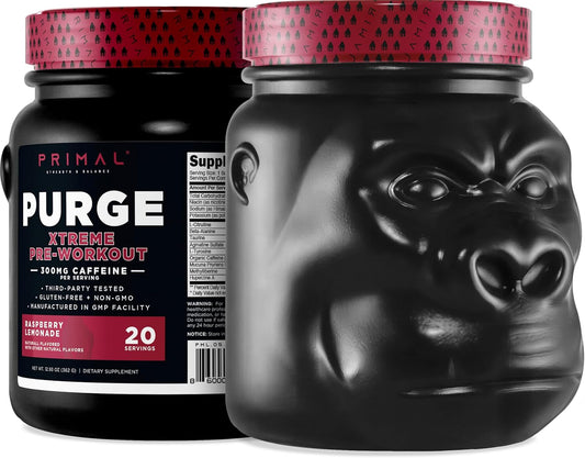 Primal Purge Xtreme Pre-Workout - Raspberry Lemonade Flavor (20 Servings), Gluten-Free and Non-GMO