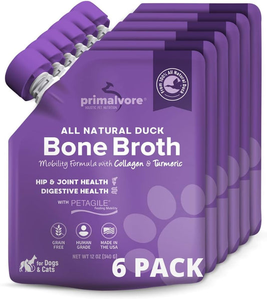 Primalvore All-Natural Duck Bone Broth Mobility Formula with Collagen Peptides for Pets - Grain-Free, Made in USA - 6 Pack