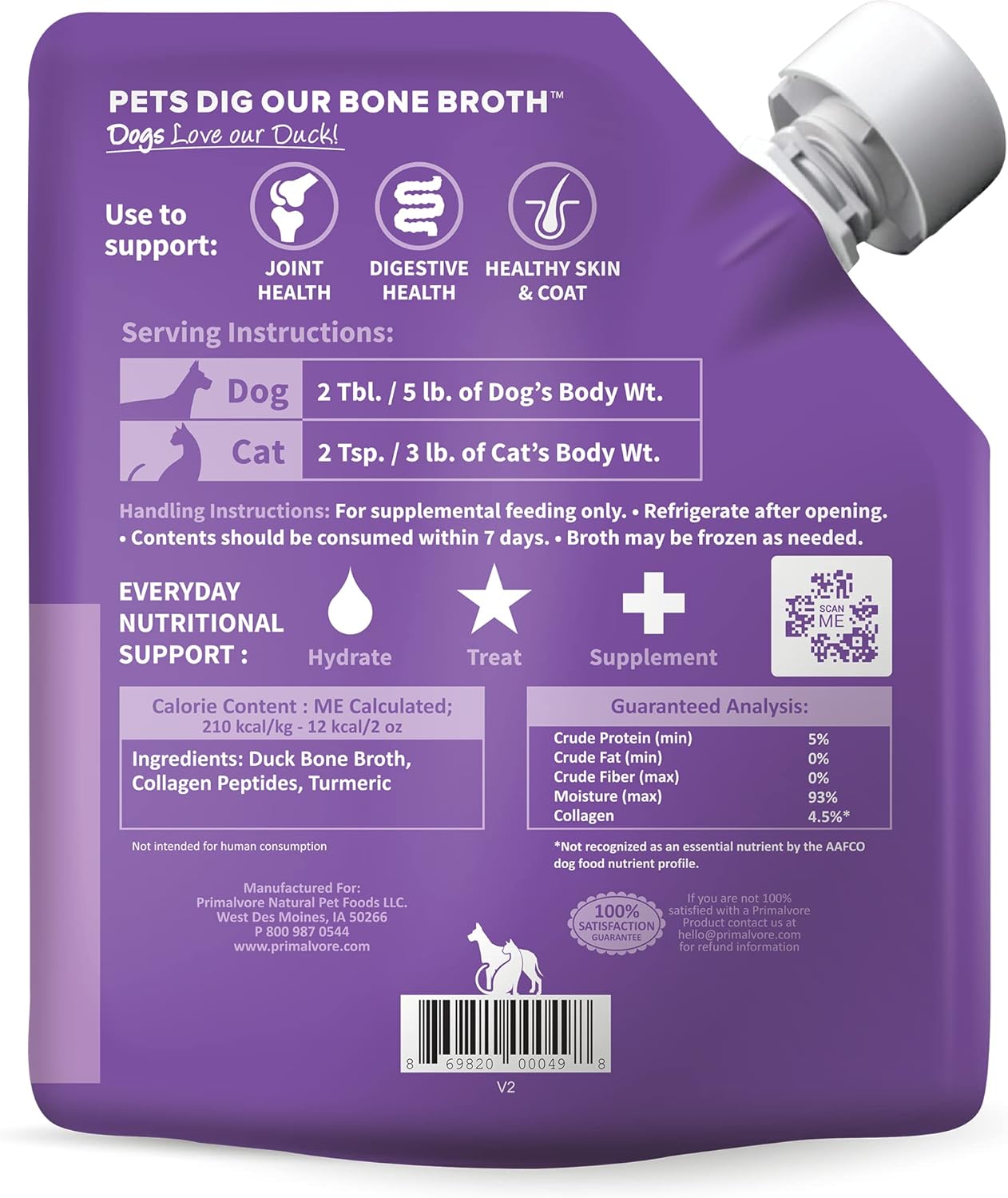 Primalvore All-Natural Duck Bone Broth Mobility Formula with Collagen Peptides for Pets - Grain-Free, Made in USA - 6 Pack