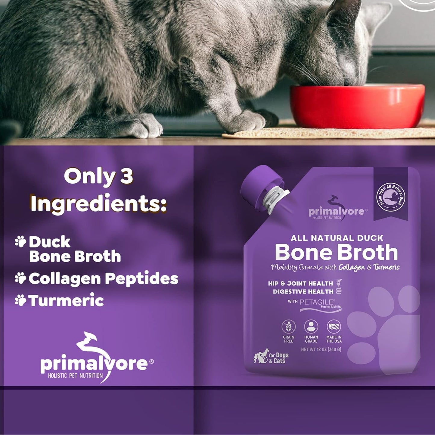 Primalvore All-Natural Duck Bone Broth Mobility Formula with Collagen Peptides for Pets - Grain-Free, Made in USA - 6 Pack