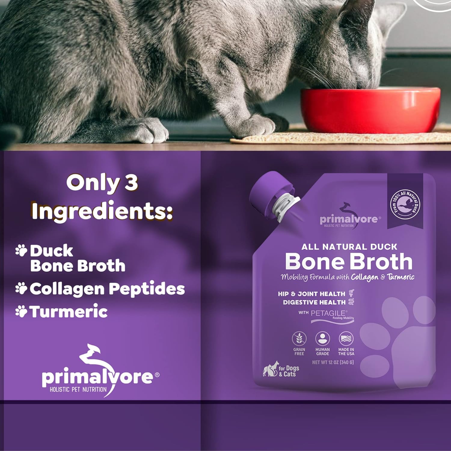 Primalvore All-Natural Duck Bone Broth Mobility Formula with Collagen Peptides for Pets - Grain-Free, Made in USA - 6 Pack