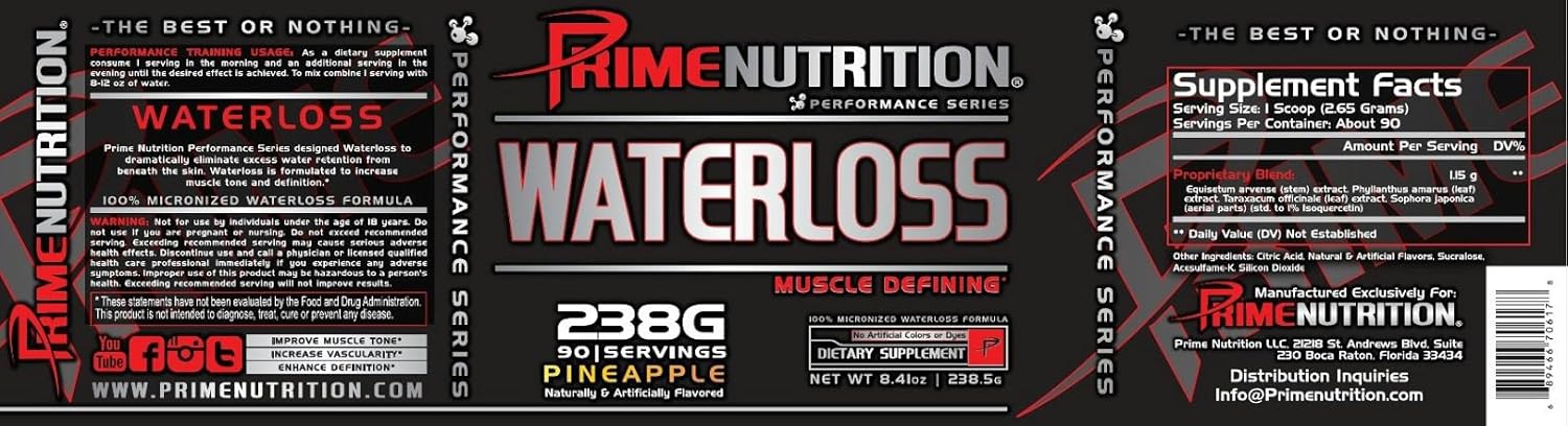 Prime Nutrition Water Loss Supplement - 90 Servings, 238g, Pineapple Flavor for Muscle Defining