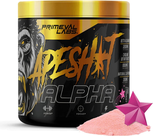Primeval Labs Ape Alpha Natural Pre Workout - Boost Endurance, Focus | 350mg Caffeine, Beta-Alanine, L Citrulline | Nitric Oxide Booster - Pink Stardust, 40 Servings
