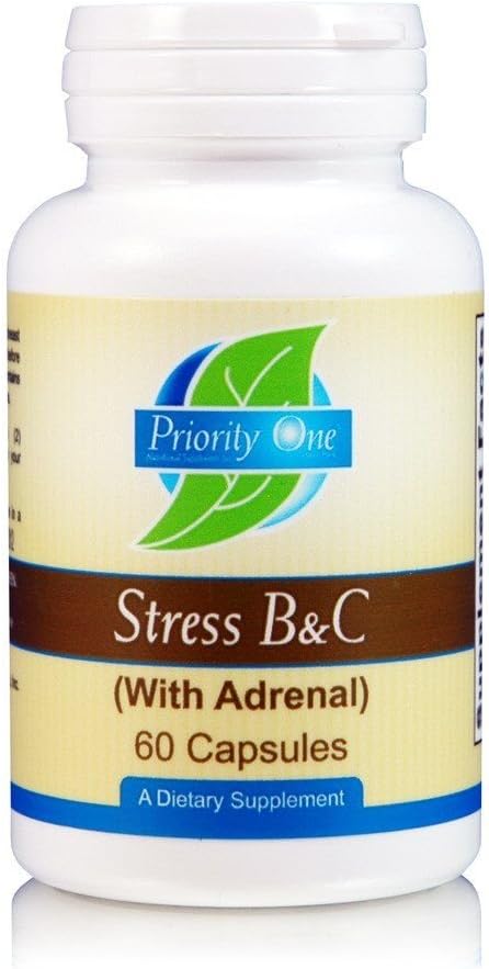 Priority One Vitamins Stress B & C Capsules - B Complex with Whole Gland Adrenal for Healthy Nerves, Skin, Eyes, GI, Brain*