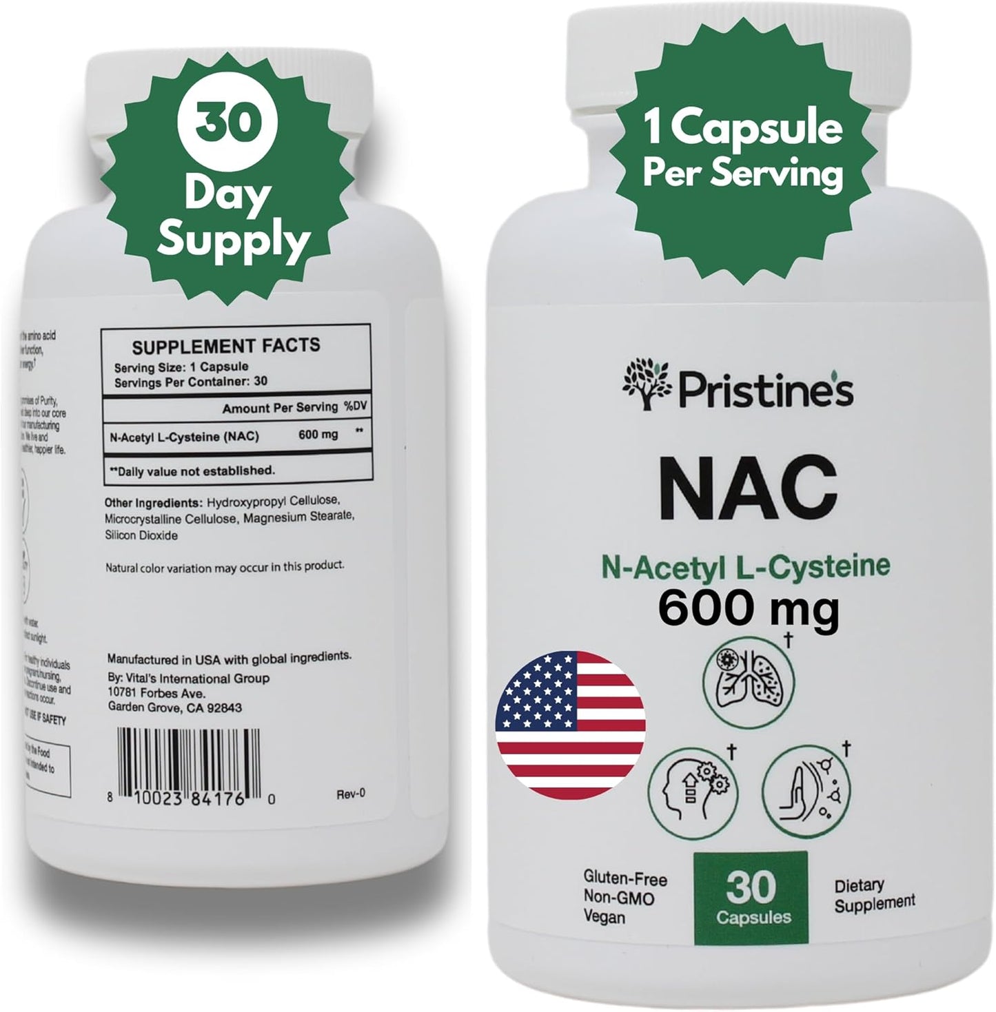 Pristine 600mg N-Acetyl L-Cysteine (NAC) Capsules for Lung & Liver Immunity - Antioxidant Supplement for Mental Health & Mood - 30-Day Supply