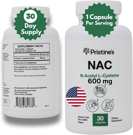 Pristine 600mg N-Acetyl L-Cysteine (NAC) Capsules for Lung & Liver Immunity - Antioxidant Supplement for Mental Health & Mood - 30-Day Supply