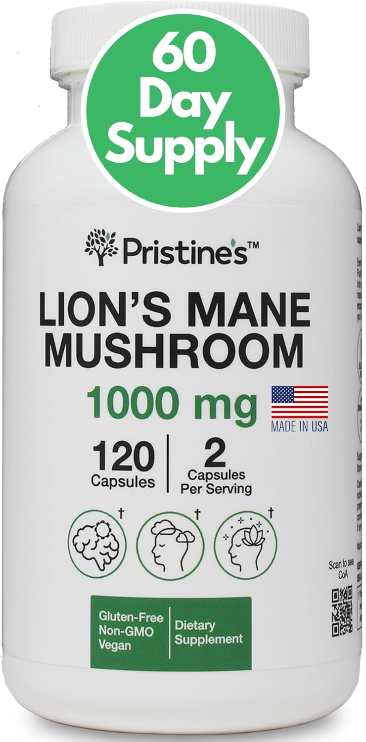 Pristine Lion's Mane Mushroom Capsules - 1000mg 60 Day Supply - Focus & Cognitive Function - Immunity & Memory Support - Vegan & Non-GMO