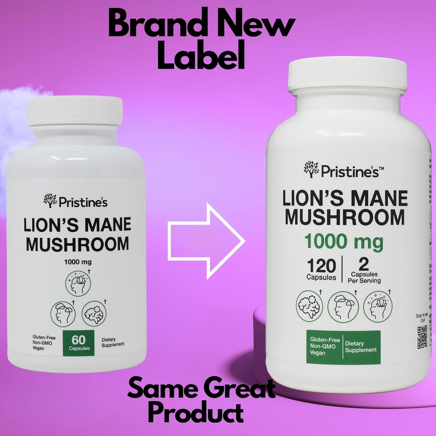 Pristine Lion's Mane Mushroom Capsules - 1000mg 60 Day Supply - Focus & Cognitive Function - Immunity & Memory Support - Vegan & Non-GMO