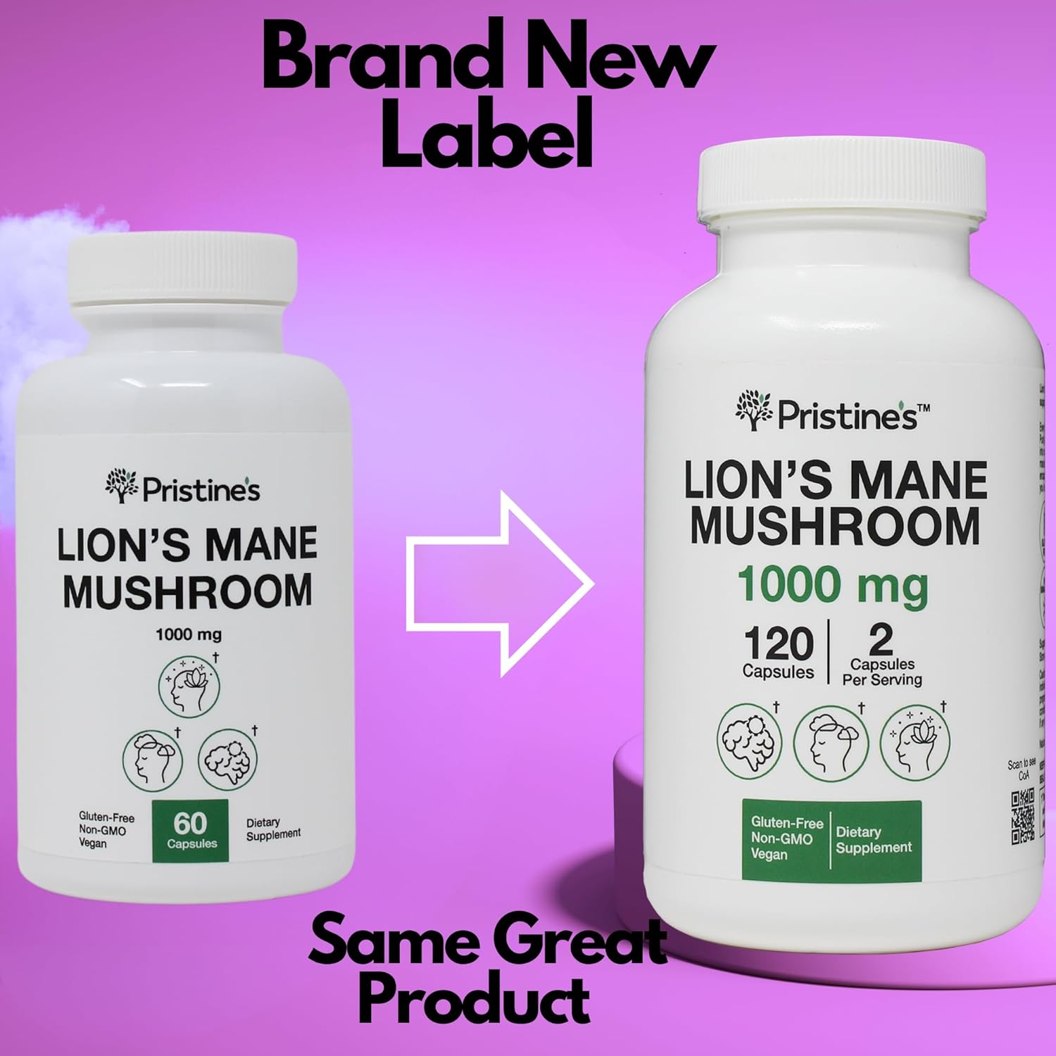 Pristine Lion's Mane Mushroom Capsules - 1000mg 60 Day Supply - Focus & Cognitive Function - Immunity & Memory Support - Vegan & Non-GMO