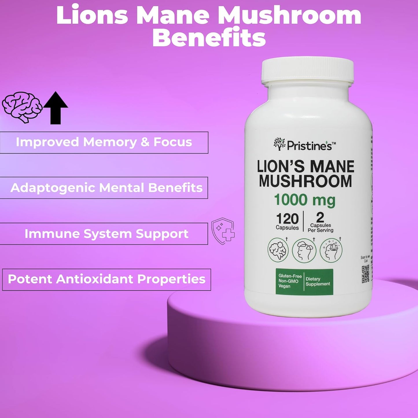 Pristine Lion's Mane Mushroom Capsules - 1000mg 60 Day Supply - Focus & Cognitive Function - Immunity & Memory Support - Vegan & Non-GMO