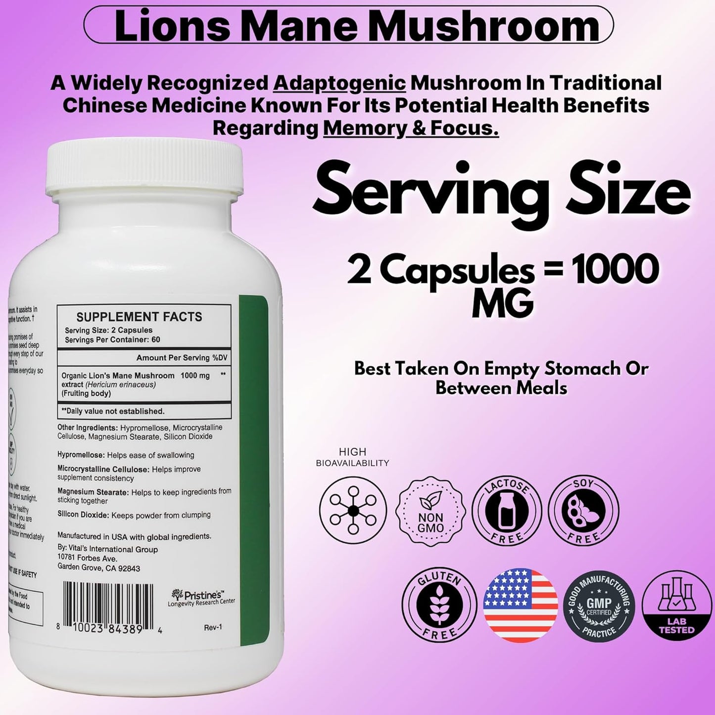 Pristine Lion's Mane Mushroom Capsules - 1000mg 60 Day Supply - Focus & Cognitive Function - Immunity & Memory Support - Vegan & Non-GMO