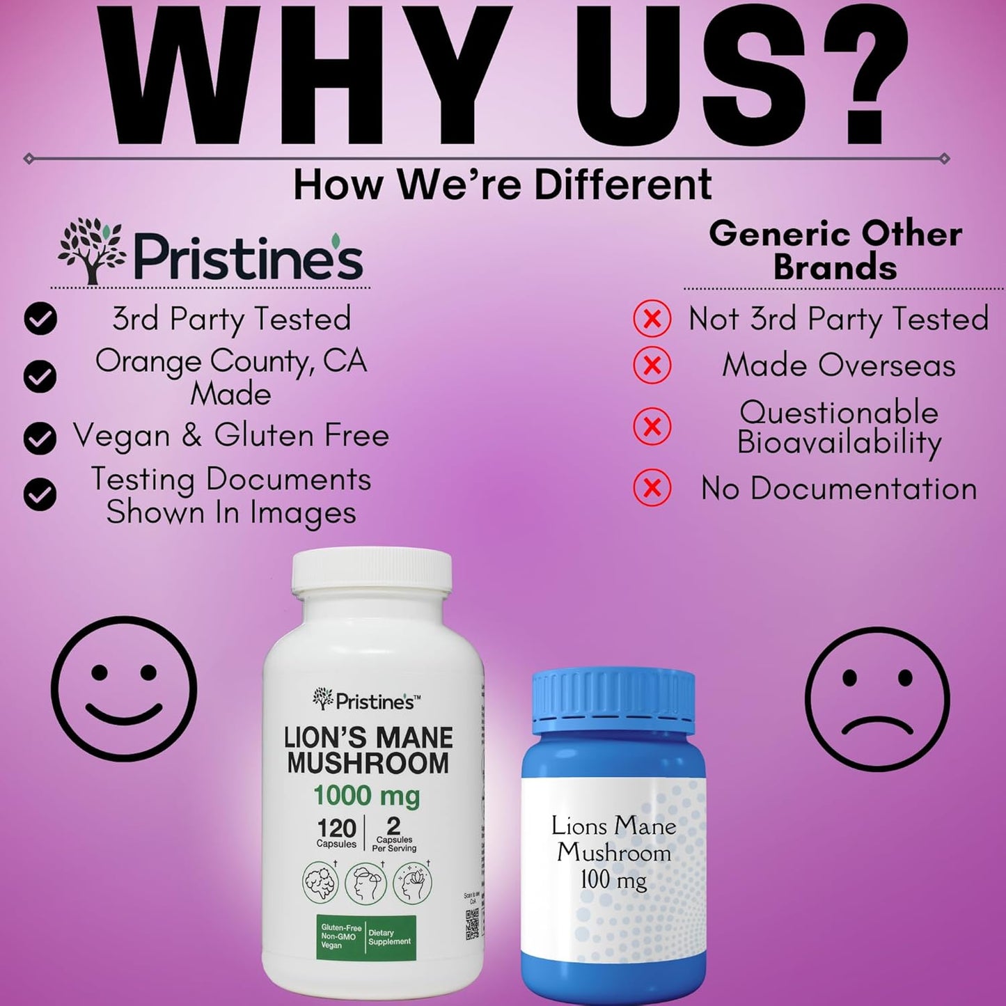 Pristine Lion's Mane Mushroom Capsules - 1000mg 60 Day Supply - Focus & Cognitive Function - Immunity & Memory Support - Vegan & Non-GMO