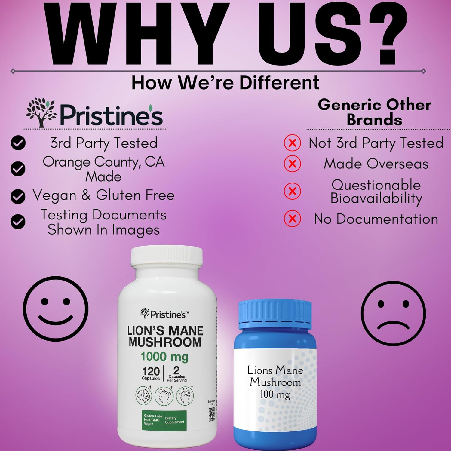 Pristine Lion's Mane Mushroom Capsules - 1000mg 60 Day Supply - Focus & Cognitive Function - Immunity & Memory Support - Vegan & Non-GMO