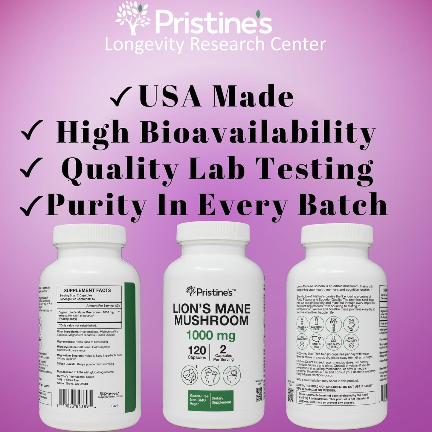 Pristine Lion's Mane Mushroom Capsules - 1000mg 60 Day Supply - Focus & Cognitive Function - Immunity & Memory Support - Vegan & Non-GMO