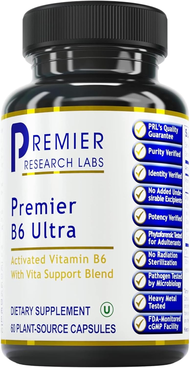 PRL Premier B6 Ultra - P5P Vitamin B6 Supplement, 50mg Per Capsule, Active Form for Energy & Brain - 60 Capsules