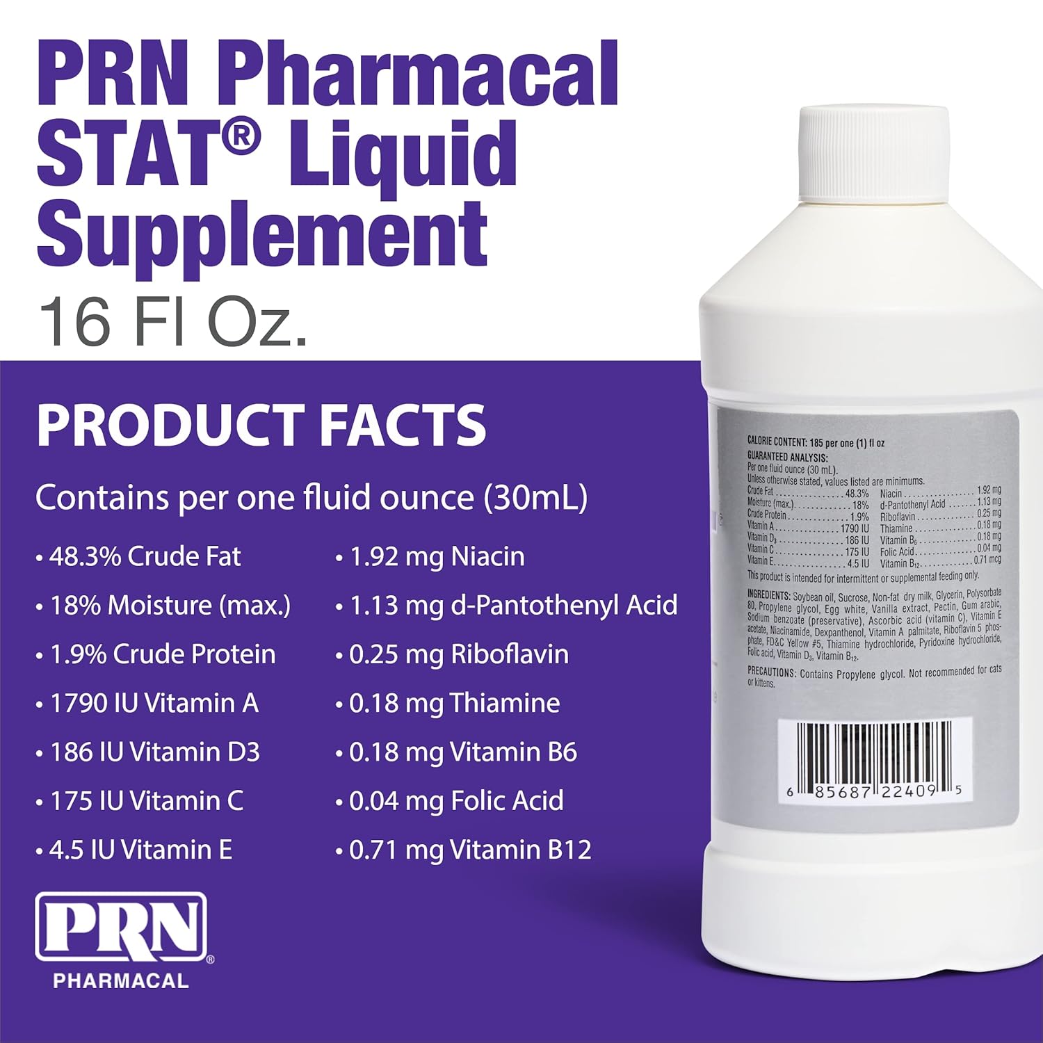 PRN Pharmacal STAT High Calorie Nutritional Supplement for Animals - Vanilla Flavored - 16oz Bottle with Vitamins A, D3, C, E & More