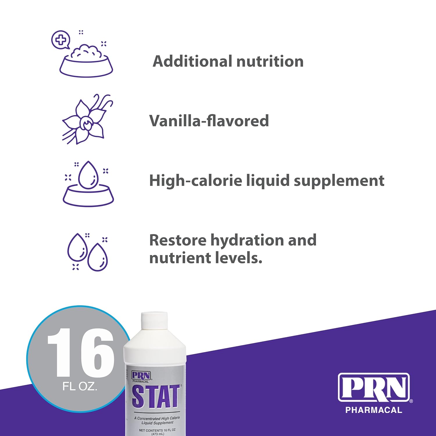 PRN Pharmacal STAT High Calorie Nutritional Supplement for Animals - Vanilla Flavored - 16oz Bottle with Vitamins A, D3, C, E & More