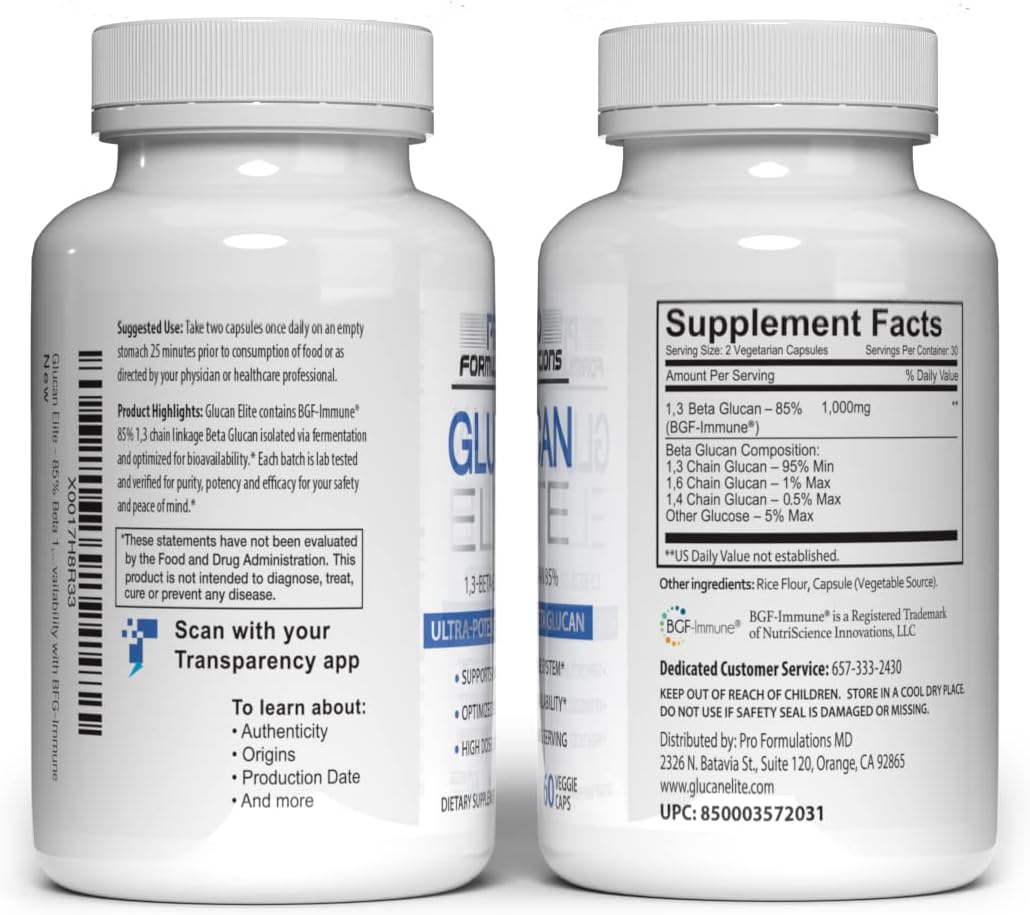 Pro Formulations MD Glucan Elite - Ultra-Potent Beta 1-3D Glucan for Immune System Support - 60 Vcaps - Enhanced Bioavailability with BGF-Immune