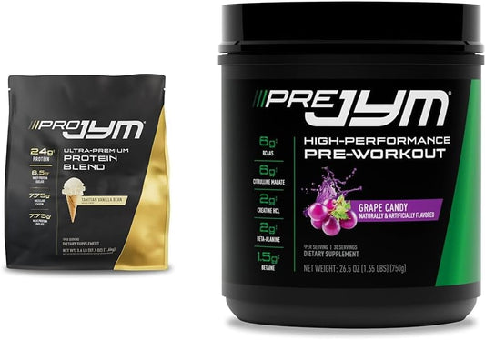 PRO JYM Tahitian Vanilla Bean & Pre JYM Grape Candy Pre Workout Powder Bundle - 45 Servings with BCAAs, Nootropics, Creatine HCI, Citrulline, Beta-Alanine