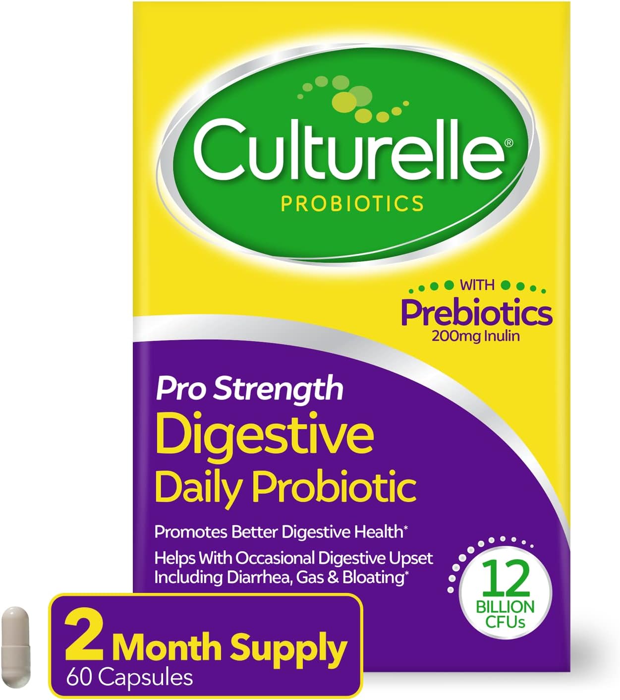 Pro Strength Daily Probiotics with Prebiotics - 2 Month Supply for Digestive Health, Women & Men, Occasional Diarrhea, Gas & Bloating - Gluten & Soy Free - 60 Count