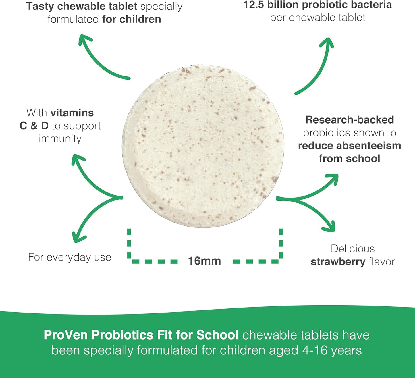Pro-Ven Probiotic Chewable Tablets for Kids 4-16 | 30 Strawberry Flavored Tablets | 12.5 Billion CFUs for Immune & Digestive Health