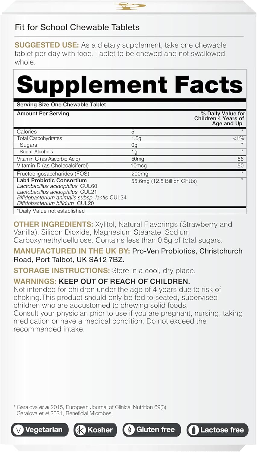 Pro-Ven Probiotic Chewable Tablets for Kids 4-16 | 30 Strawberry Flavored Tablets | 12.5 Billion CFUs for Immune & Digestive Health