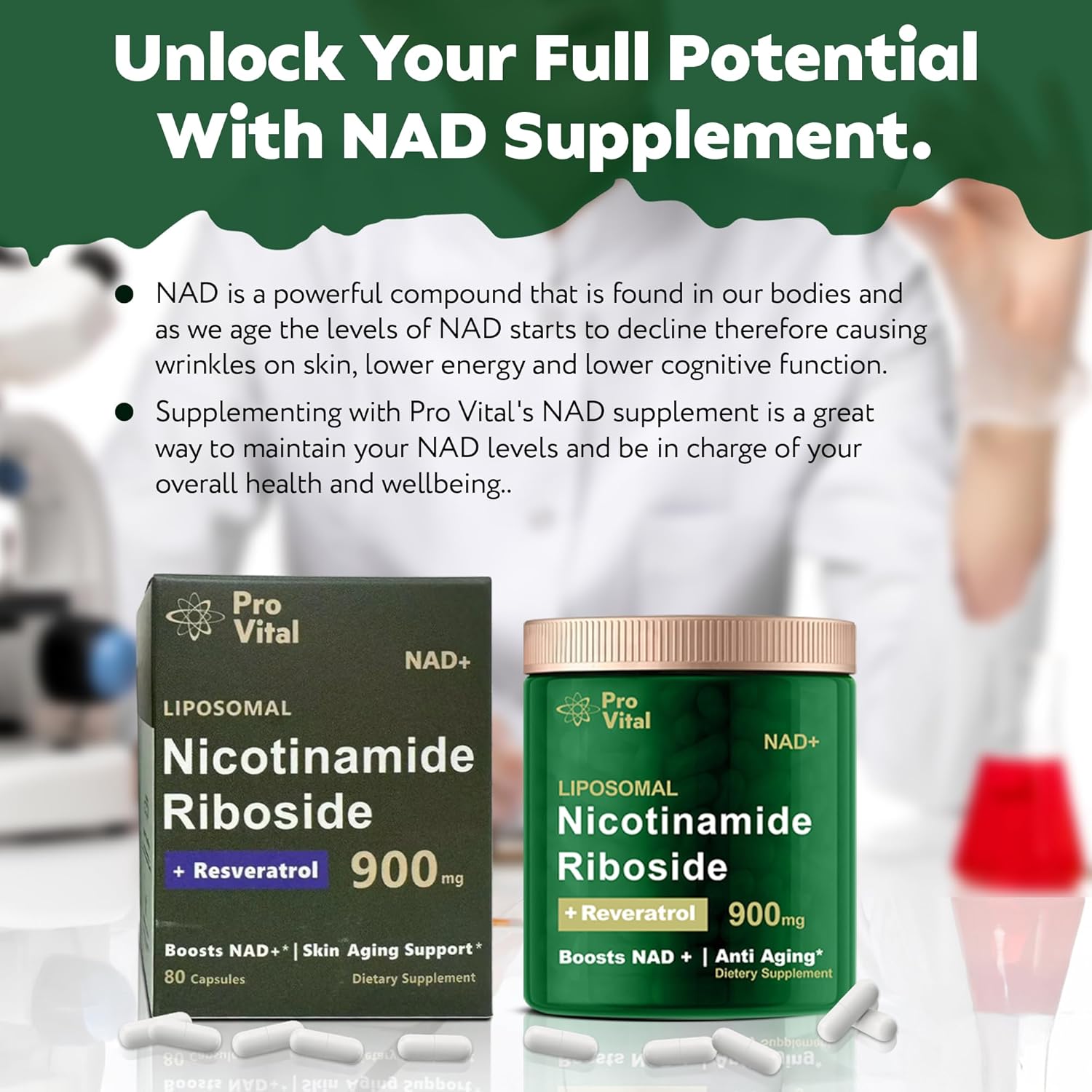 Pro Vital Liposomal NAD Riboside 900mg & Resveratrol Capsules - Skin Aging & Energy Support Supplement