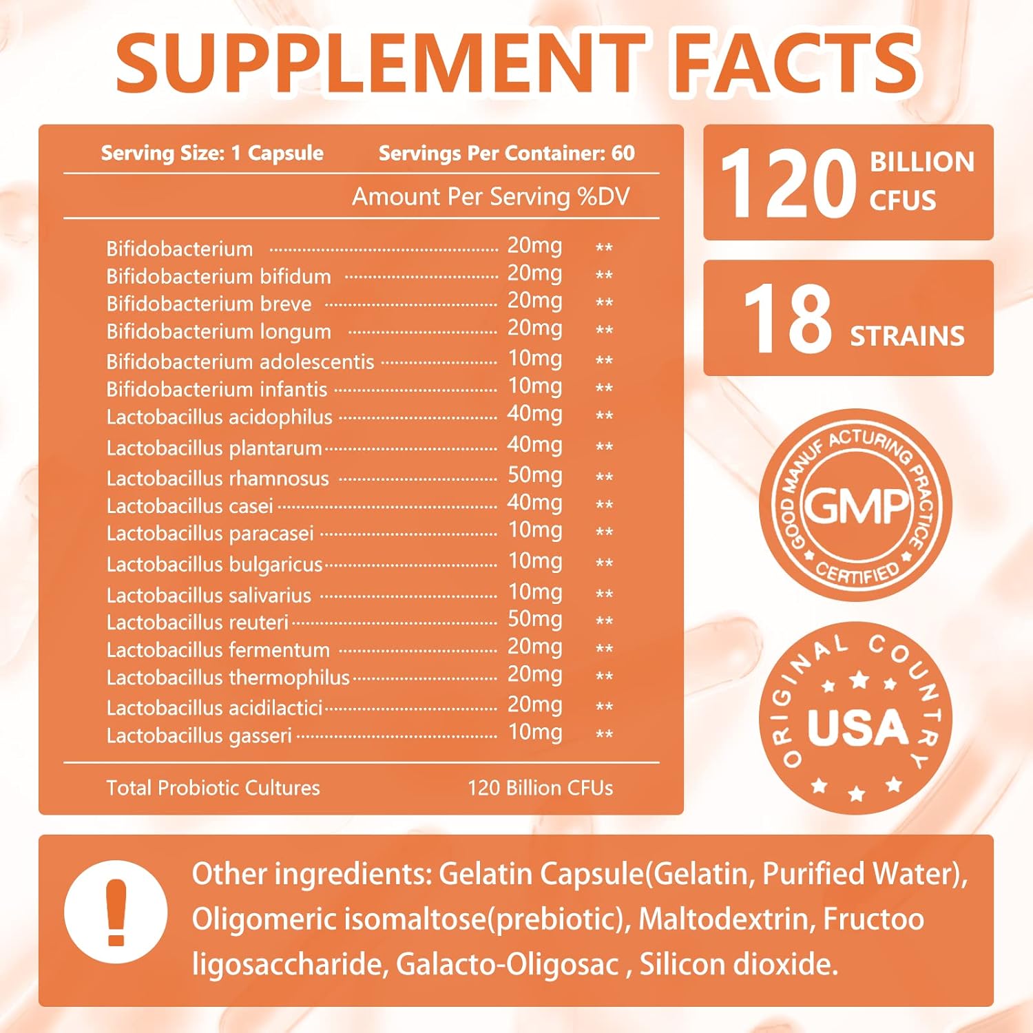 Probiotic Capsules 120 Billion CFU, 60 Capsules with 18 Strains & 3 Prebiotics for Digestive & Immune Health, Men & Women Dietary Supplement