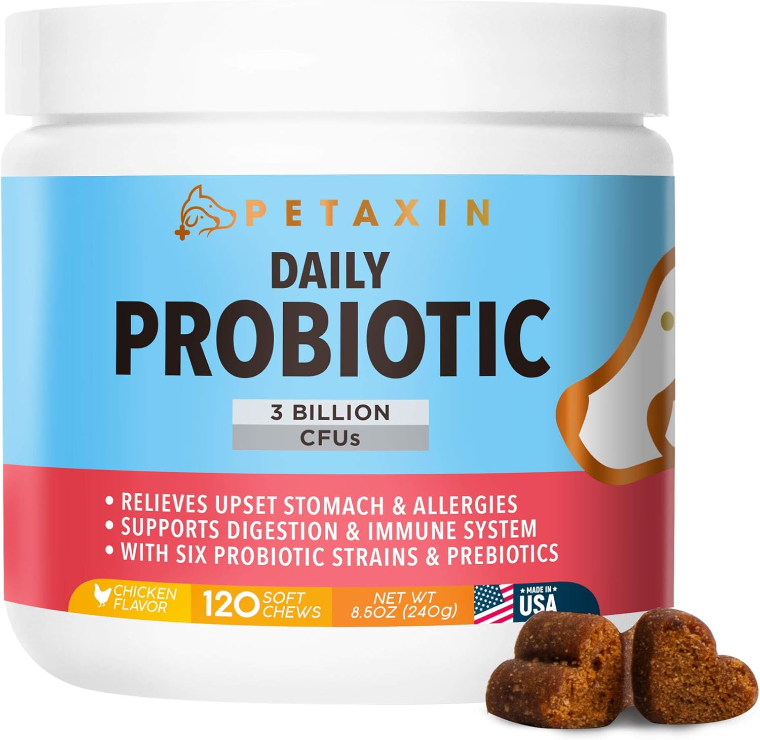 Probiotic Chews for Dogs with 6 Strains and Prebiotics - Supports Digestive & Immune Health - Relief for Diarrhea, Bad Breath, Allergies, Gas, Constipation, Hot Spots - Made in USA - 120 Count