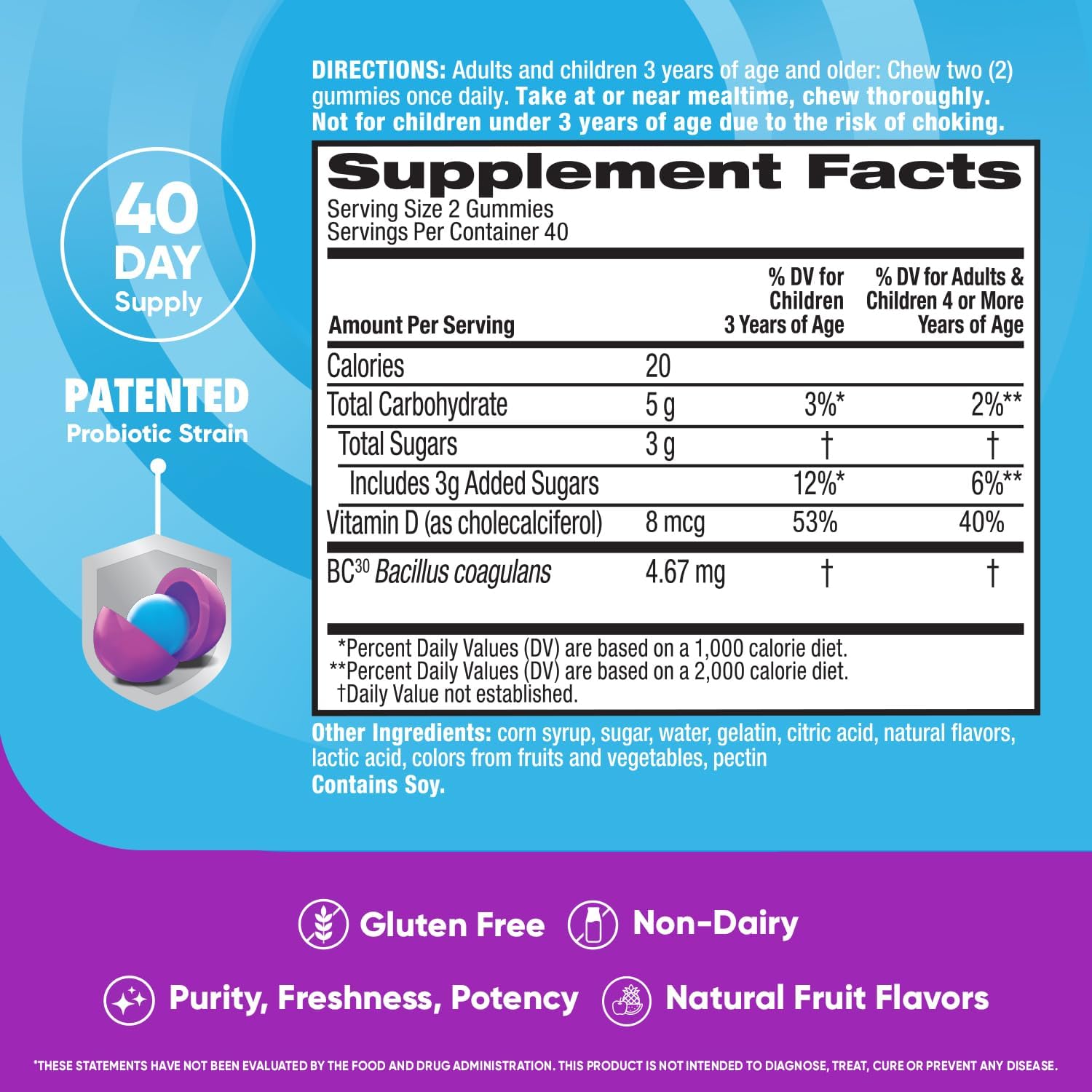 Probiotic Gummies for Digestive and Immune Health - Natural Fruit Flavor, 80ct x 2 Pack