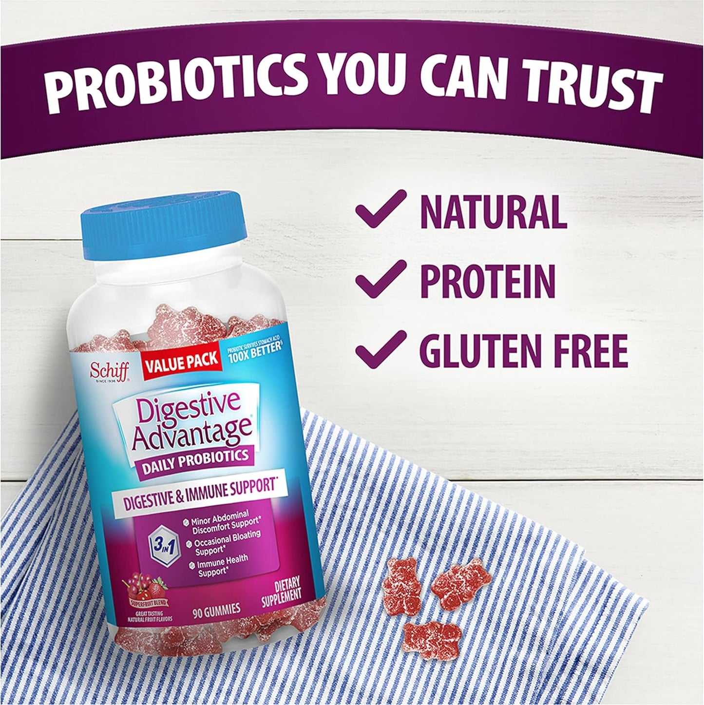 Probiotic Gummies for Digestive Health - Women & Men, 2x90ct Bottles - Support Bloating & Gut Health - Superfruit Formula