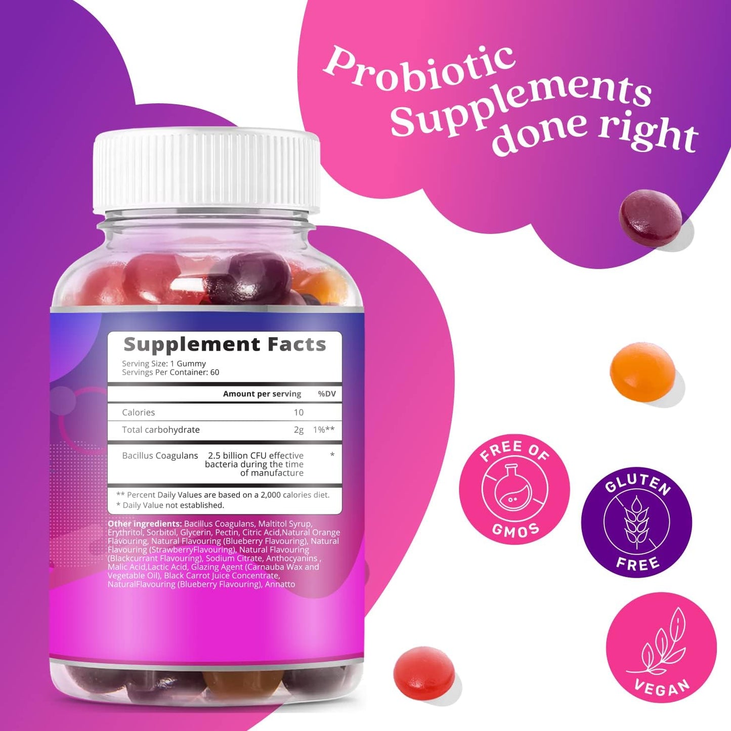 Probiotic Gummies with 5 Billion CFUs for Digestive Health - Immune Support Supplement for Men, Women, & Kids - Sugar Free & Vegan - Blueberry, Strawberry, & Orange Flavors - 3-Pack
