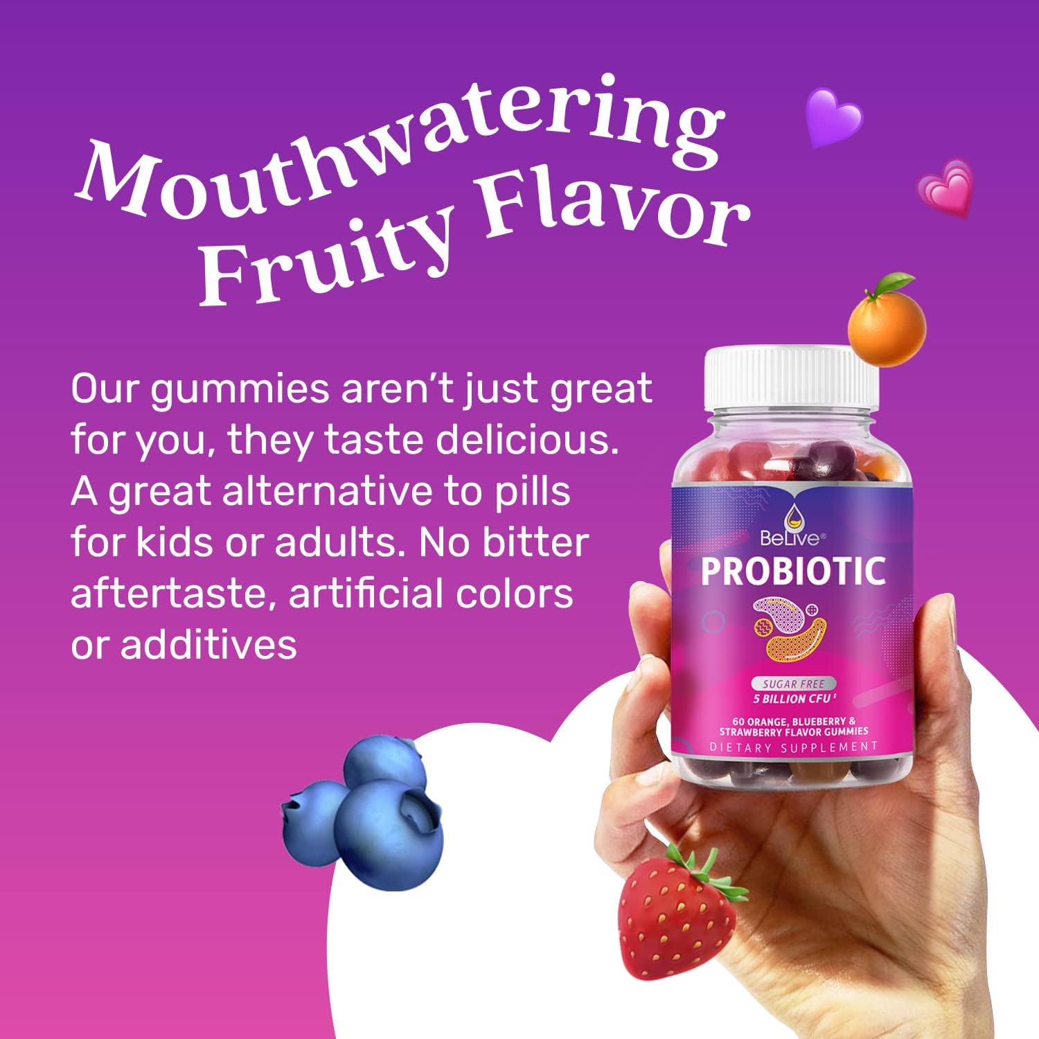 Probiotic Gummies with 5 Billion CFUs for Digestive Health - Immune Support Supplement for Men, Women, & Kids - Sugar Free & Vegan - Blueberry, Strawberry, & Orange Flavors - 3-Pack