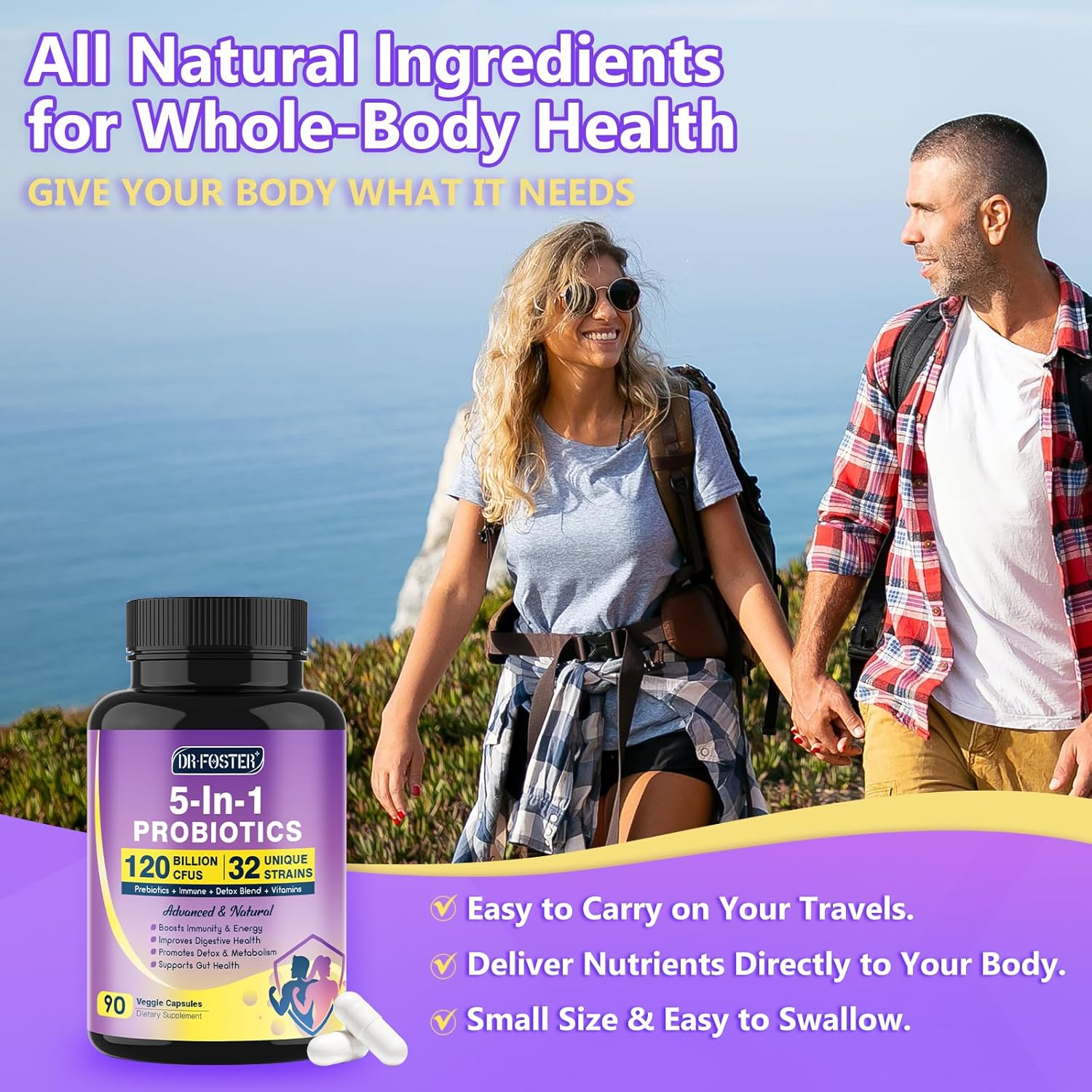 Probiotic Supplement for Digestive Health, 120 Billion CFUs, Prebiotics, D3, Zinc, Immune Support, Detox Cleanse - 45 Day to 3 Month Supply