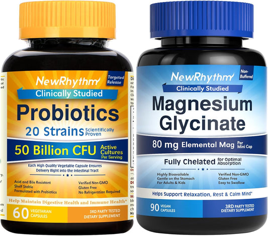 Probiotics 50 Billion CFU & Magnesium Glycinate Capsules for Digestive Health and Relaxation - Pack of 120 (2 Pack)