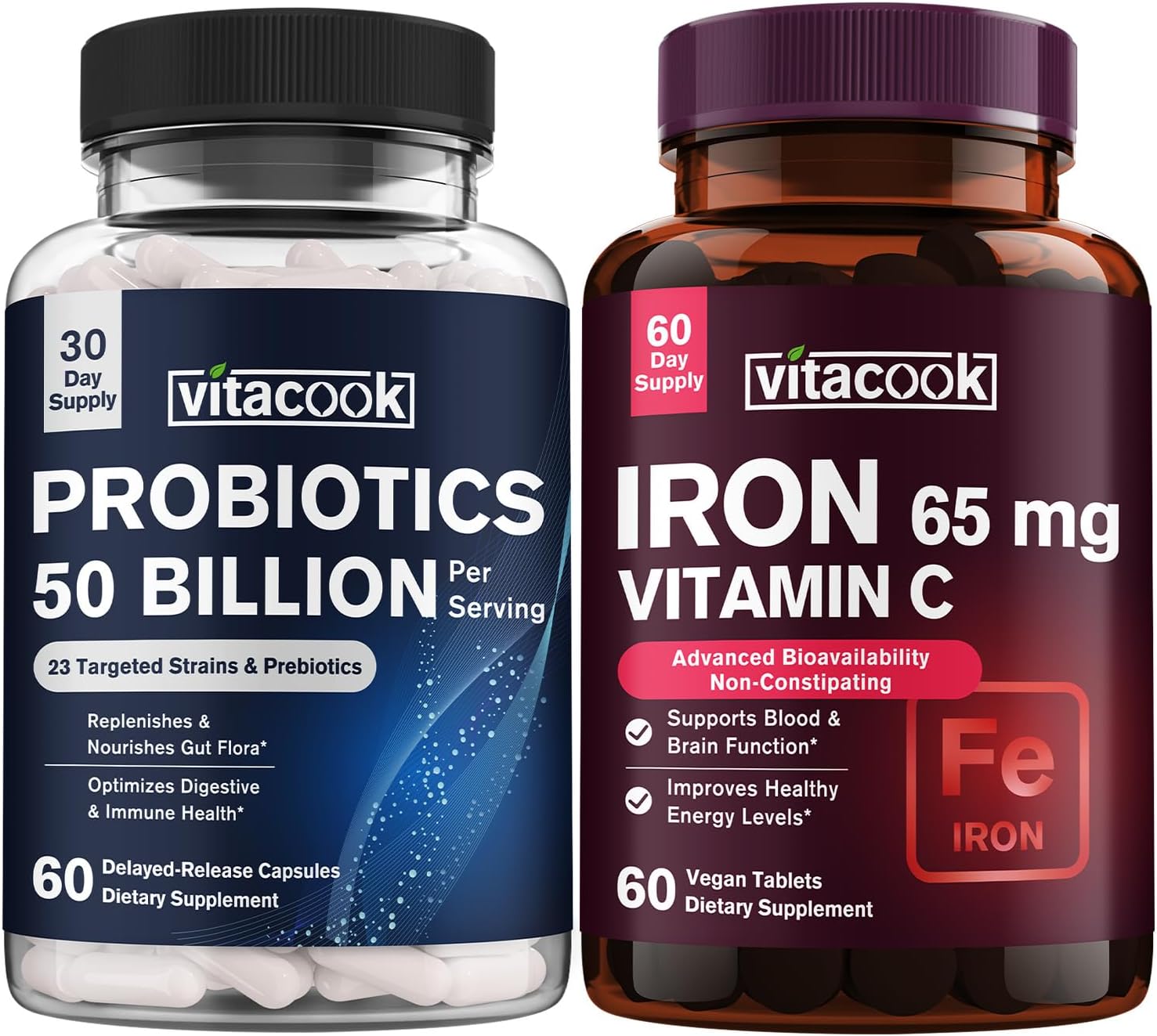 Probiotics and Iron Supplement Bundle - 50 Billion CFU, 23 Strains, Carbonyl Iron with Vitamin C, Supports Digestion & Red Blood Cells - 60 Tabs & Caps