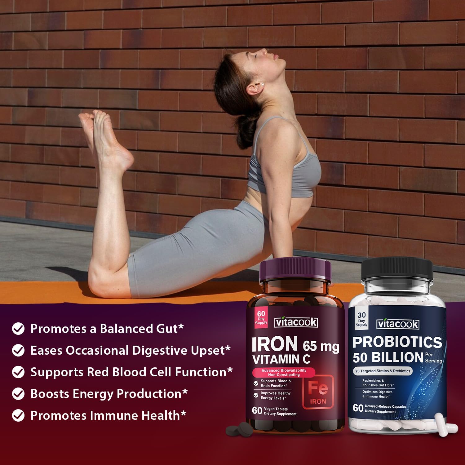 Probiotics and Iron Supplement Bundle - 50 Billion CFU, 23 Strains, Carbonyl Iron with Vitamin C, Supports Digestion & Red Blood Cells - 60 Tabs & Caps