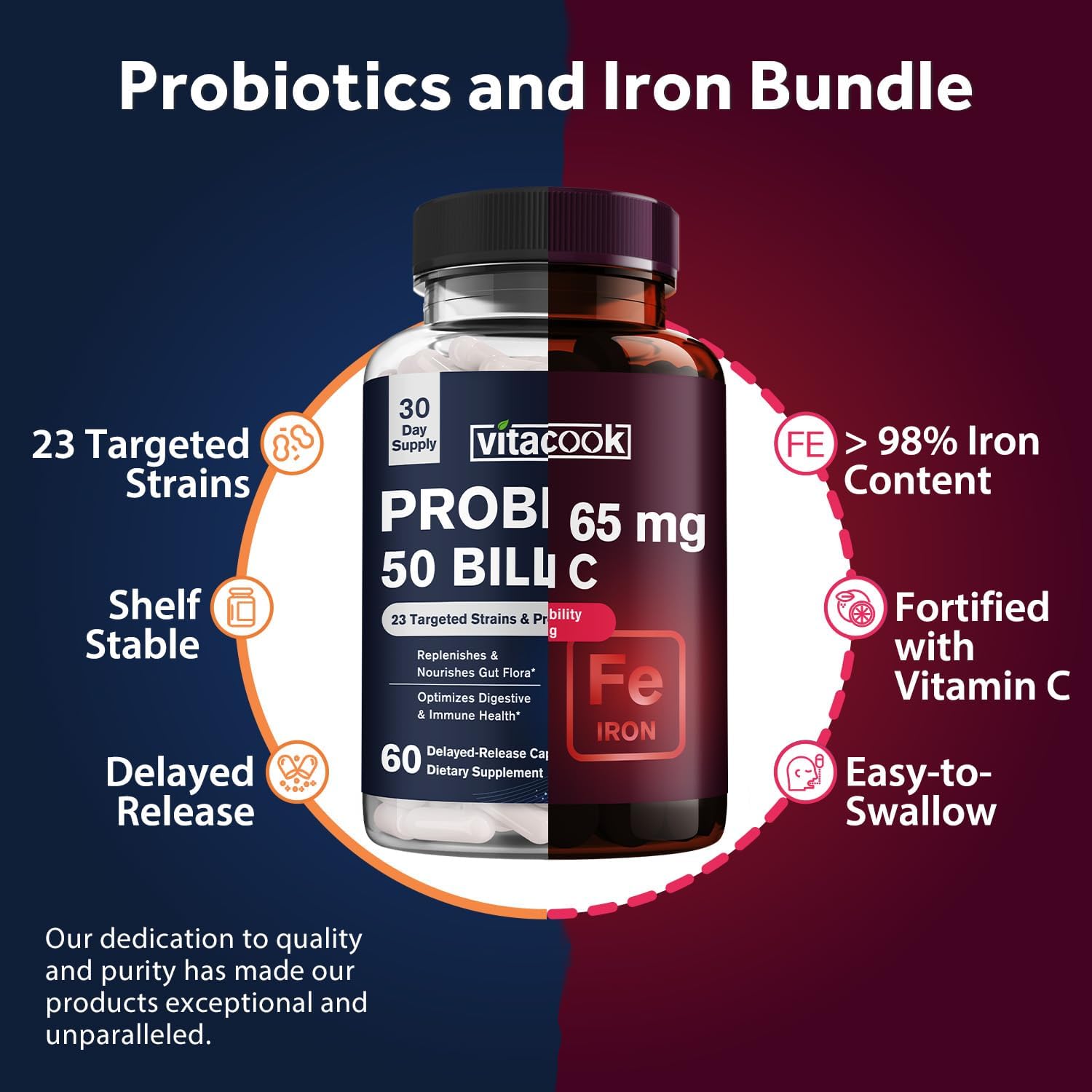 Probiotics and Iron Supplement Bundle - 50 Billion CFU, 23 Strains, Carbonyl Iron with Vitamin C, Supports Digestion & Red Blood Cells - 60 Tabs & Caps
