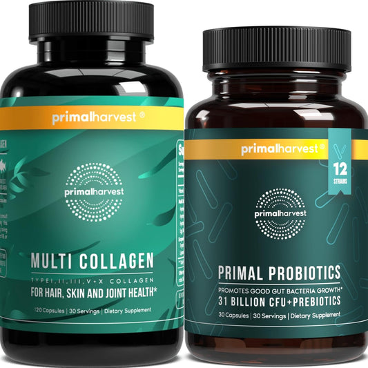 Probiotics & Collagen Supplements Bundle for Men & Women - 31 Billion CFU & Collagen Peptides - Primal Harvest