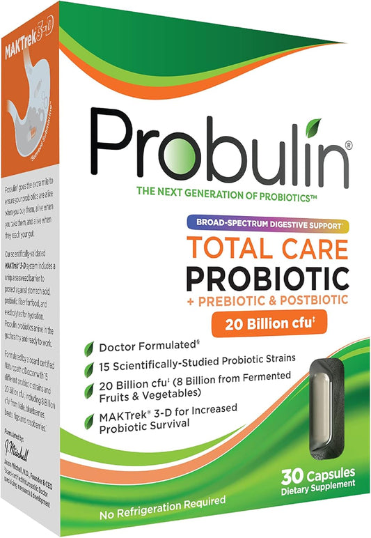 Probulin Total Care Probiotic Supplement - Daily Gut & Immune Support Capsules for Men & Women - 20 Billion CFU - Vegan - 30 Count Box