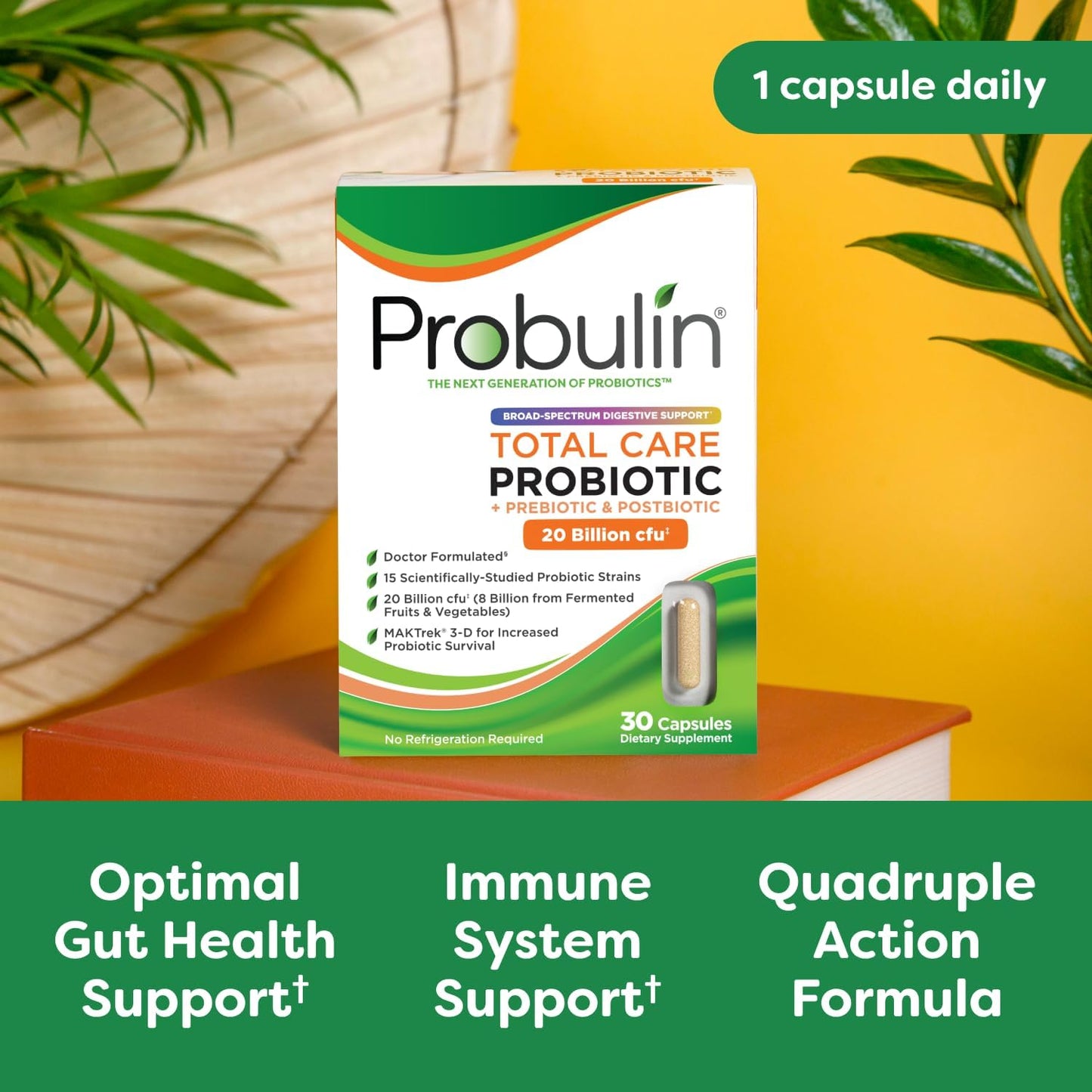 Probulin Total Care Probiotic Supplement - Daily Gut & Immune Support Capsules for Men & Women - 20 Billion CFU - Vegan - 30 Count Box